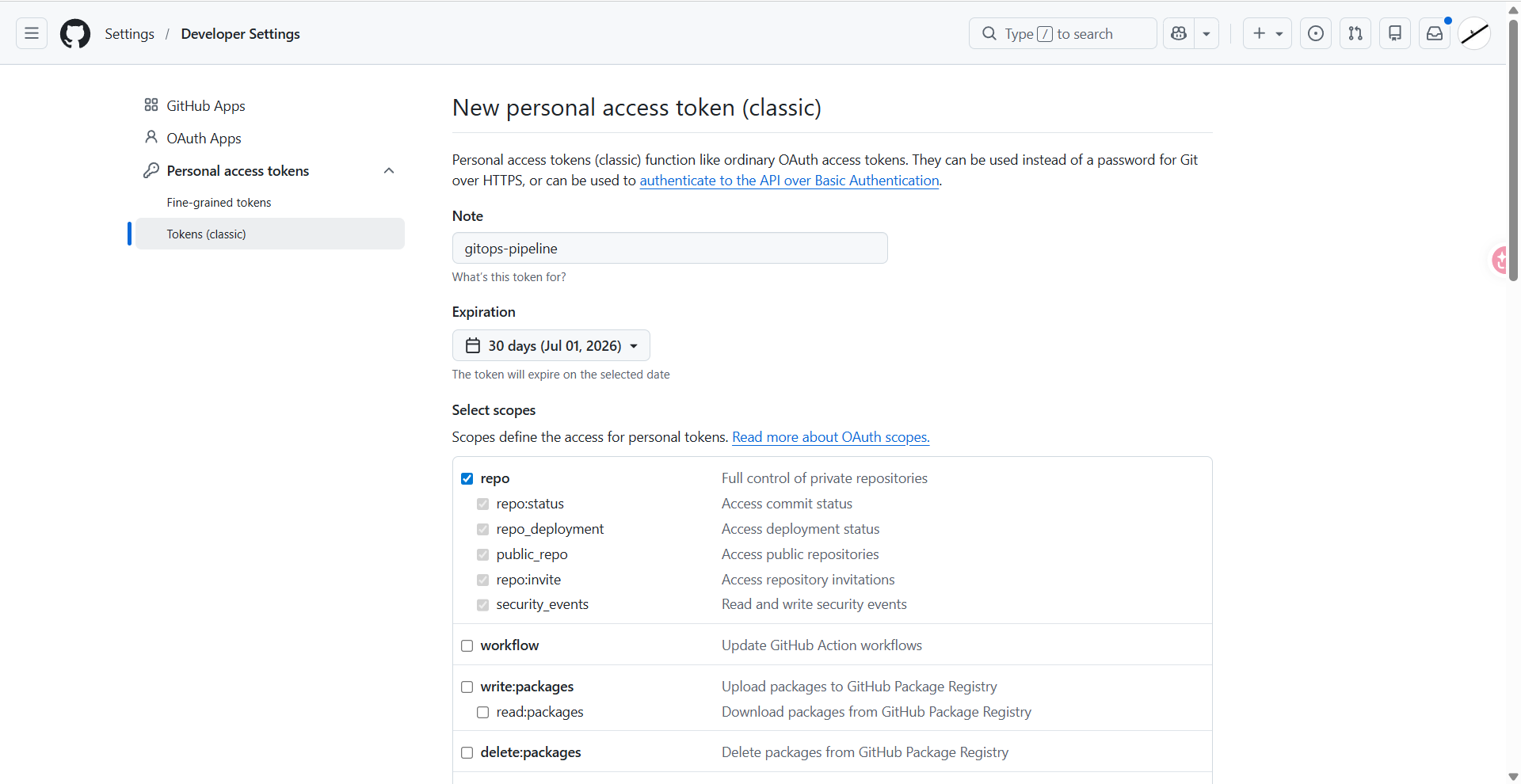 Create PAT classic with repo scope