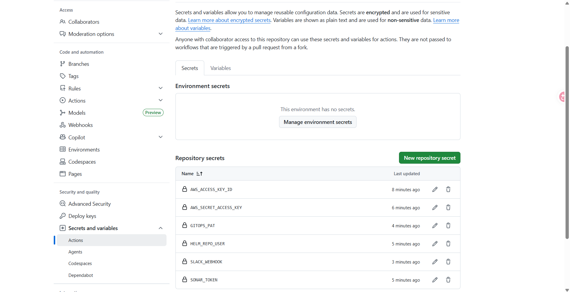 Repository secrets list
