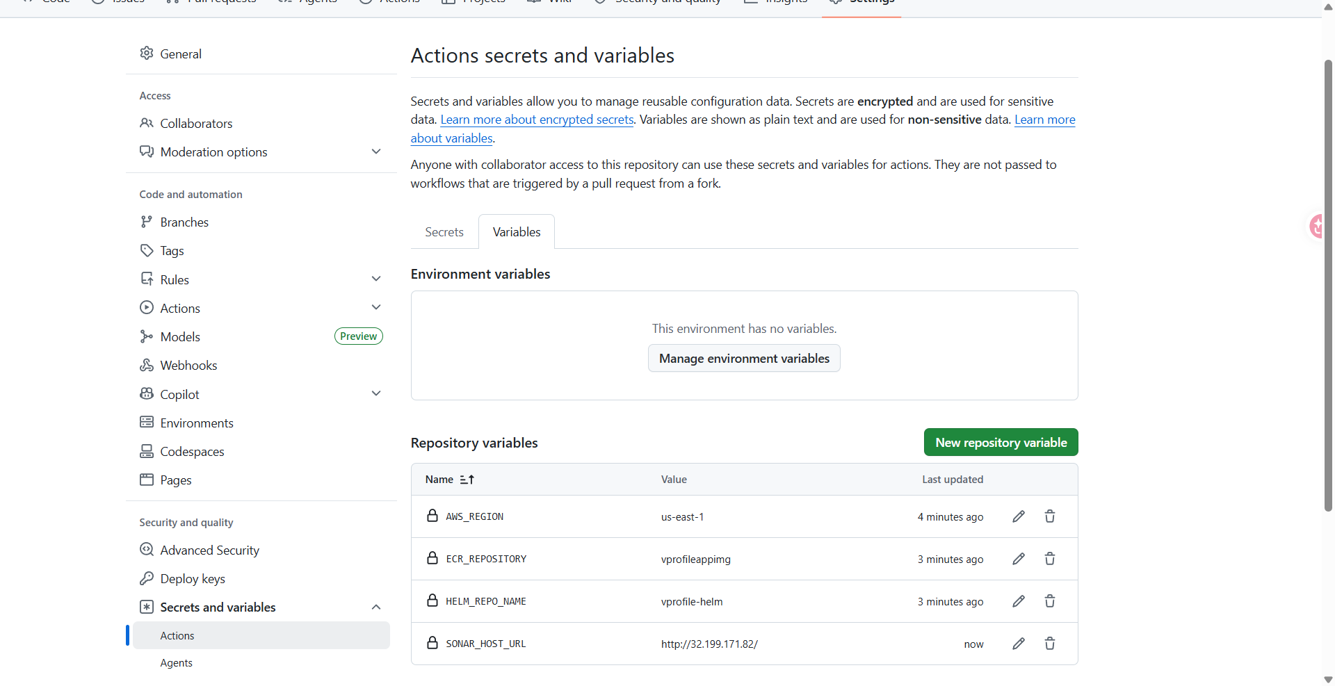 Repository variables list