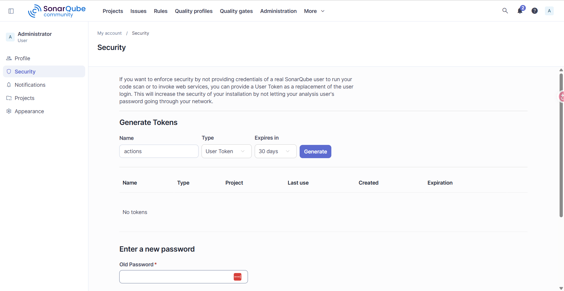 Generate a User Token on SonarQube